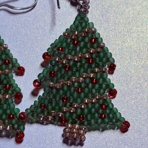 Festive Green and Red Beaded Christmas Tree Earrings